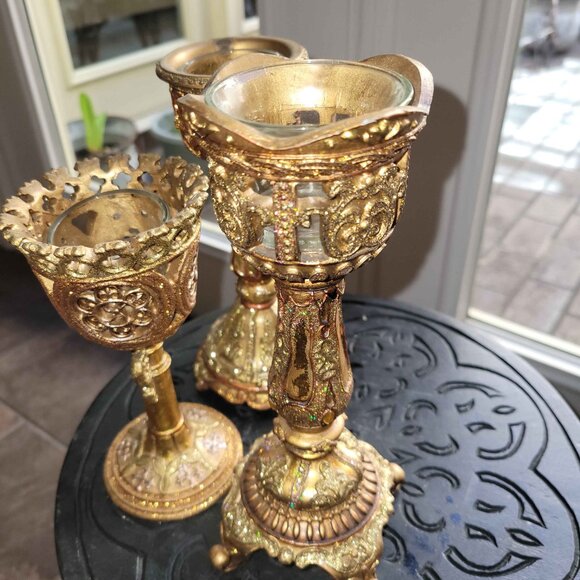 Elaborate Baroque Glittery Gold Candle Sticks With Glass Set of 3 - Picture 2 of 3